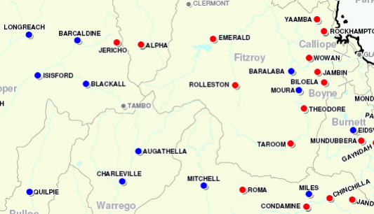 Location map - 2011 Jericho and Alpha (Red dots - flood inundated towns. Blue dots - flood affected towns)
